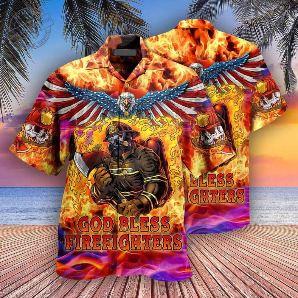 God bless firefighter skull 3d printed hawaiian shirt Hawaii Shirt Shorts & Flip Flops