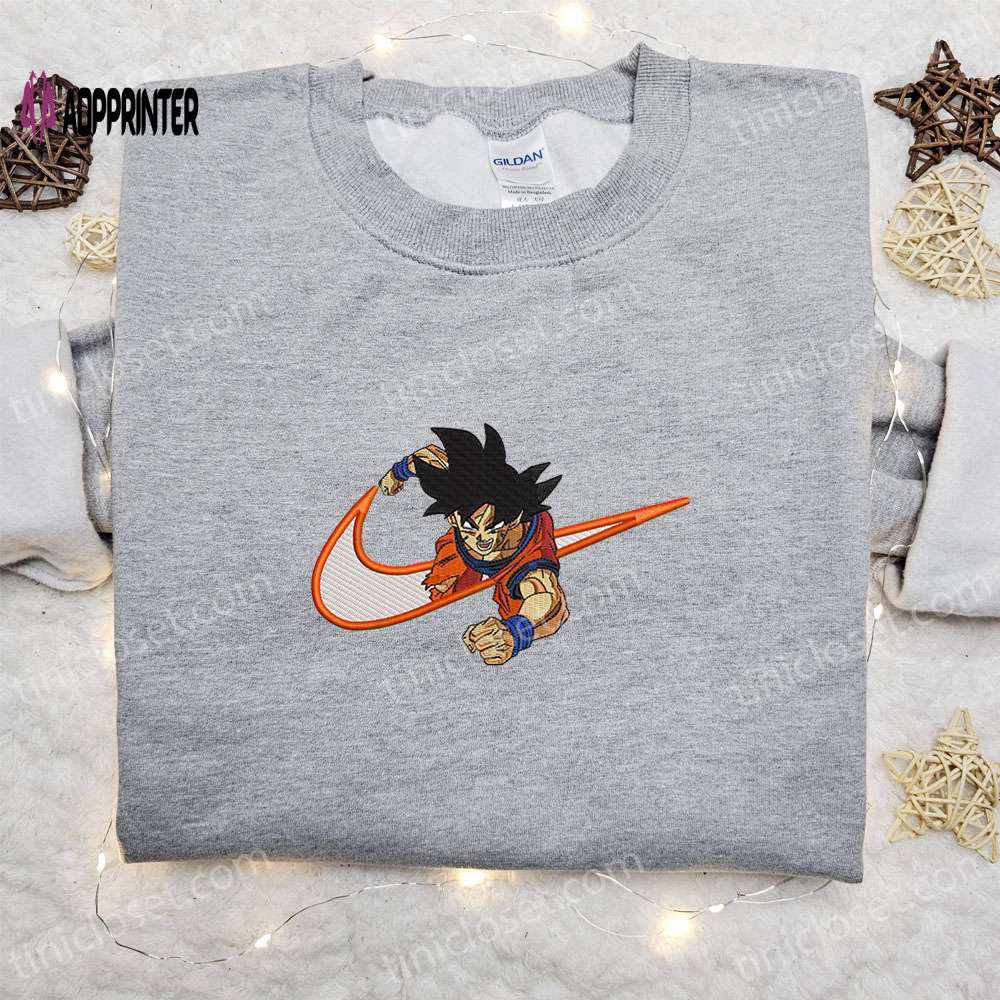Goku anime x swoosh embroidered sweatshirt: dragon ball shirt best family birthday gift ideas Embroidered Shirt