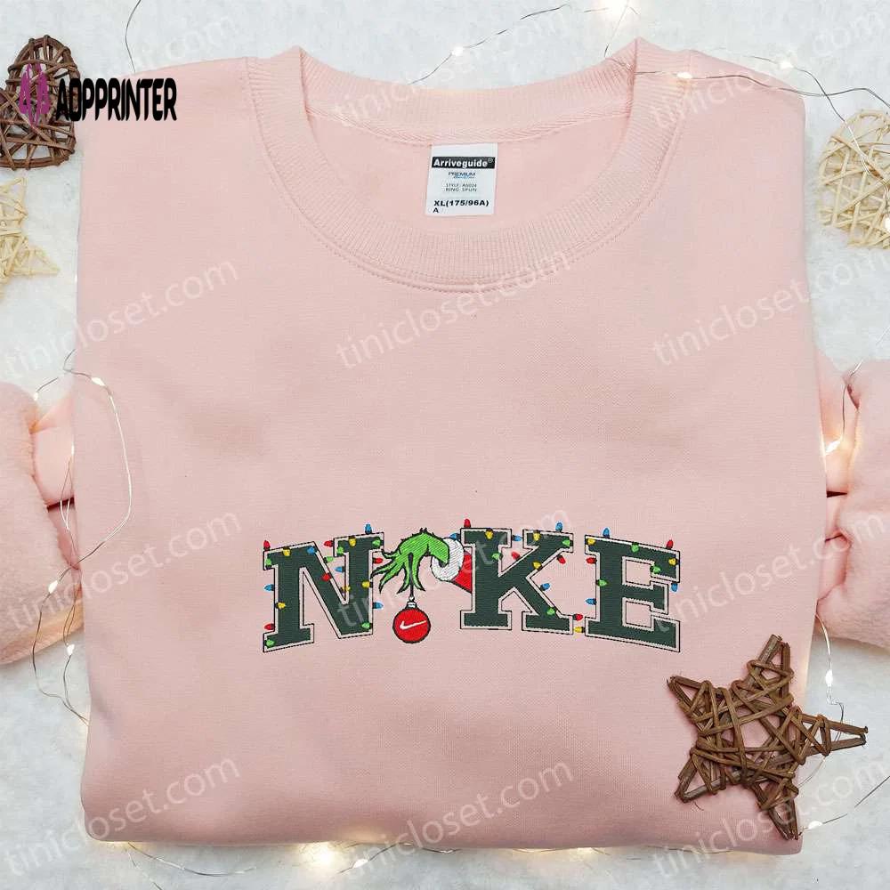 Grinch hand christmas x nike embroidered sweatshirt – best nike inspired hoodie for christmas gift Embroidered Shirt