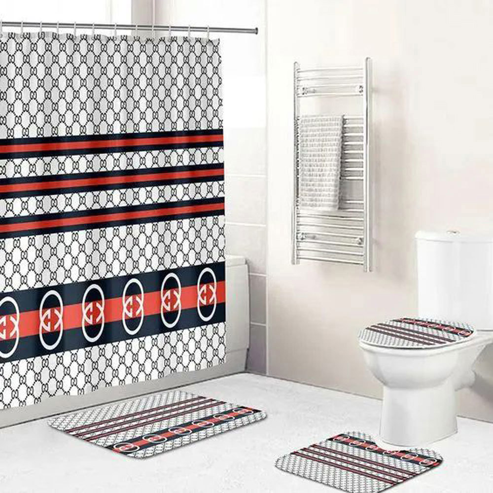Gucci white stripe hypebeast bathroom sets home decor luxury fashion brand bath mat Bathroom Set