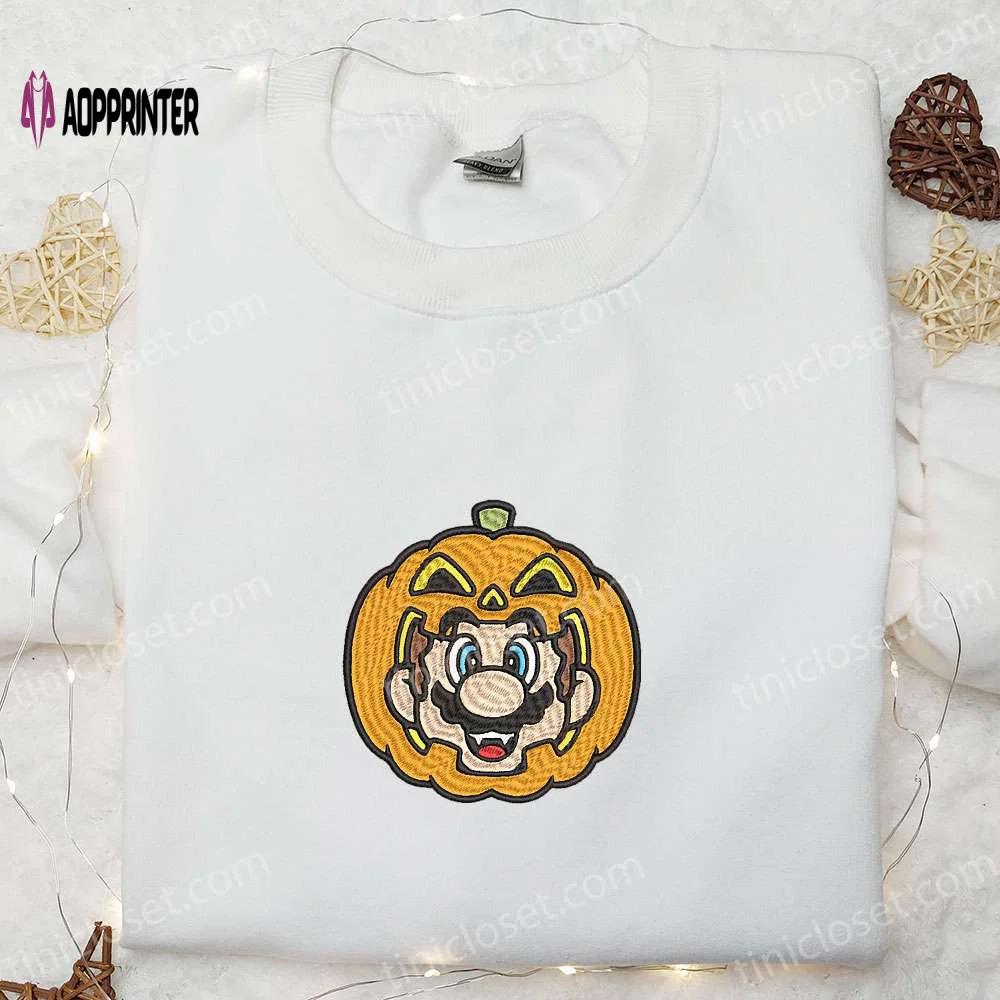 Halloween mario pumpkin embroidered shirt sweatshirt & hoodie: funny cute & spooky collection Embroidered Shirt