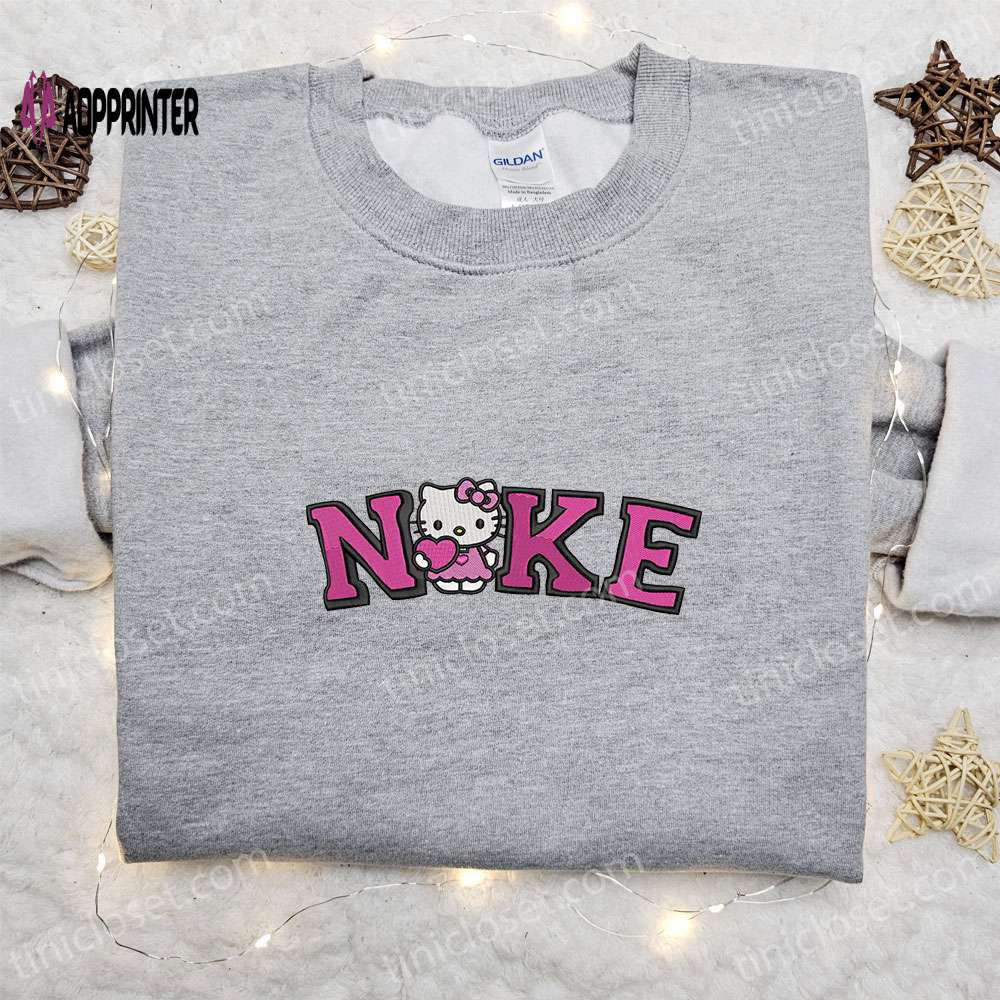 Hello kitty heart x nike embroidered tshirt – cute cartoon shirt with nike inspiration Embroidered Shirt