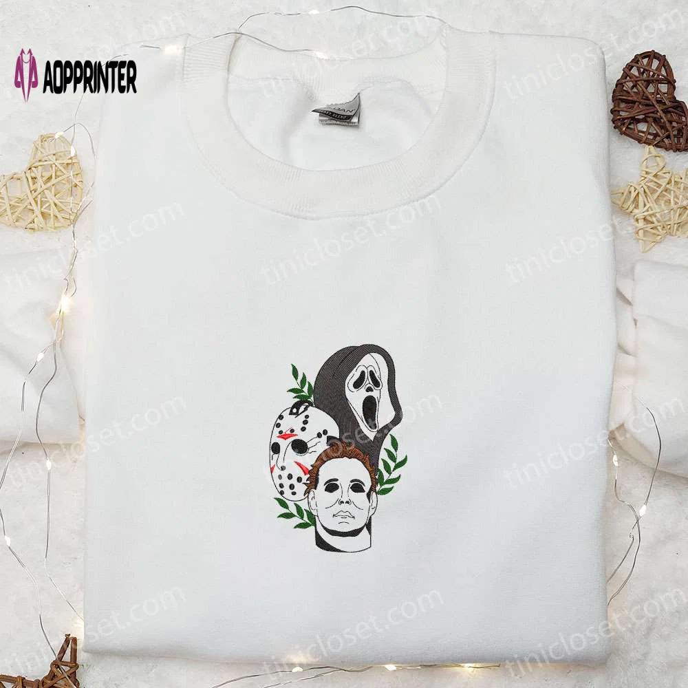 Horror movie characters embroidered shirt: jason voorhees michael myers ghostface – perfect halloween gift Embroidered Shirt