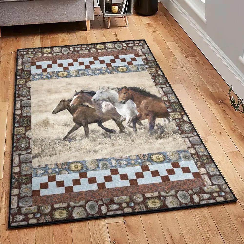Horsing art deco rug, vintage horses rug Rectangle Rug