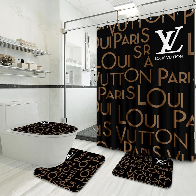 Louis vuitton brown logo type 1270 Bathroom Accessory Sets Bathroom Sets Waterproof Shower Curtain Toilet Cover Home Decor Hypebeast Bathroom Bath Mat Set Luxury Fashion Brand Pedestal Rug