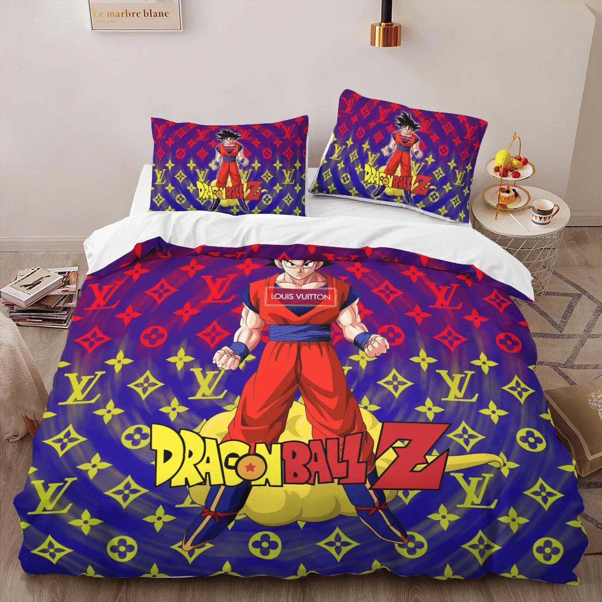 Louis vuitton dragon ball hot luxury logo brand bedding sets bedspread duvet cover set, bedroom decor , thanksgiving decorations for home best luxury bed sets gift thankgivings and christmas Bedding Sets