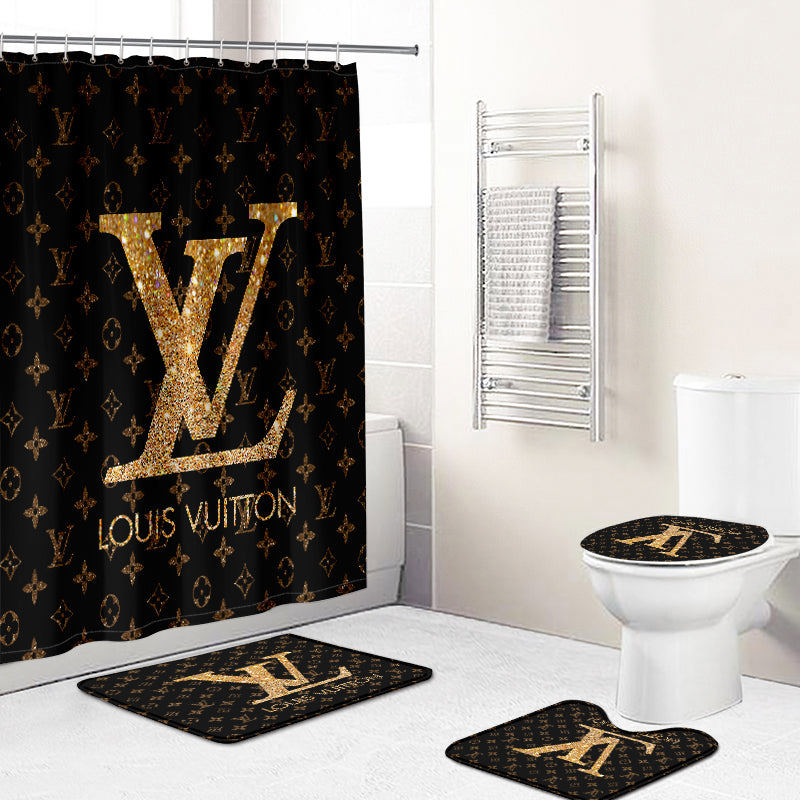 Louis vuitton lv glitter logo type 1897 Bathroom Accessory Sets Waterproof Shower Curtain Toilet Cover Luxury Fashion Brand Hypebeast Bathroom Home Decor Bath Mat Set Pedestal Rug Bathroom Sets