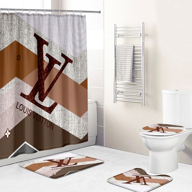 Louis vuitton lv logo type 1892 Bathroom Accessory Sets Home Decor Luxury Fashion Brand Pedestal Rug Bathroom Sets Toilet Cover Bath Mat Set Waterproof Shower Curtain Hypebeast Bathroom