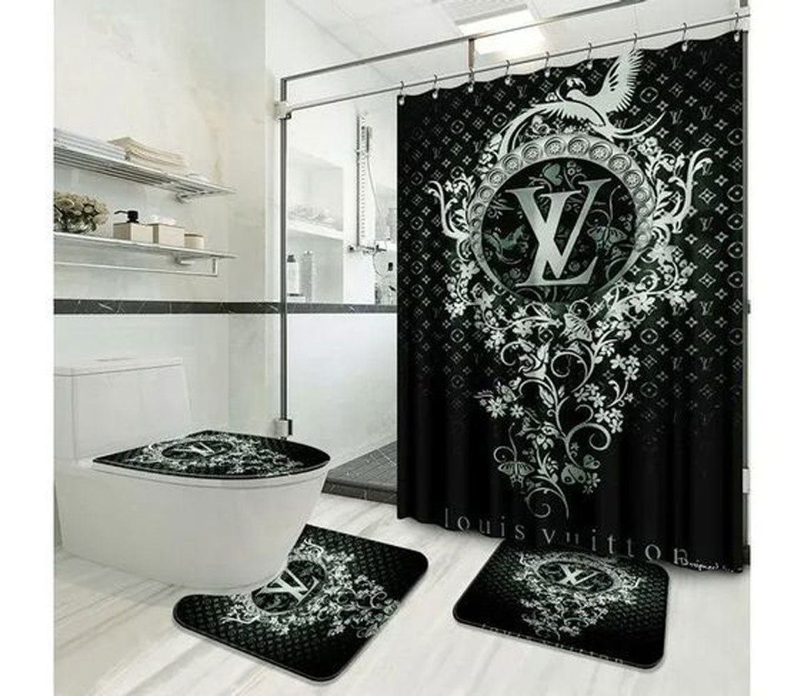Louis vuitton lv logo type 2061 Bathroom Accessory Sets Pedestal Rug Bathroom Sets Home Decor Hypebeast Bathroom Bath Mat Set Luxury Fashion Brand Waterproof Shower Curtain Toilet Cover