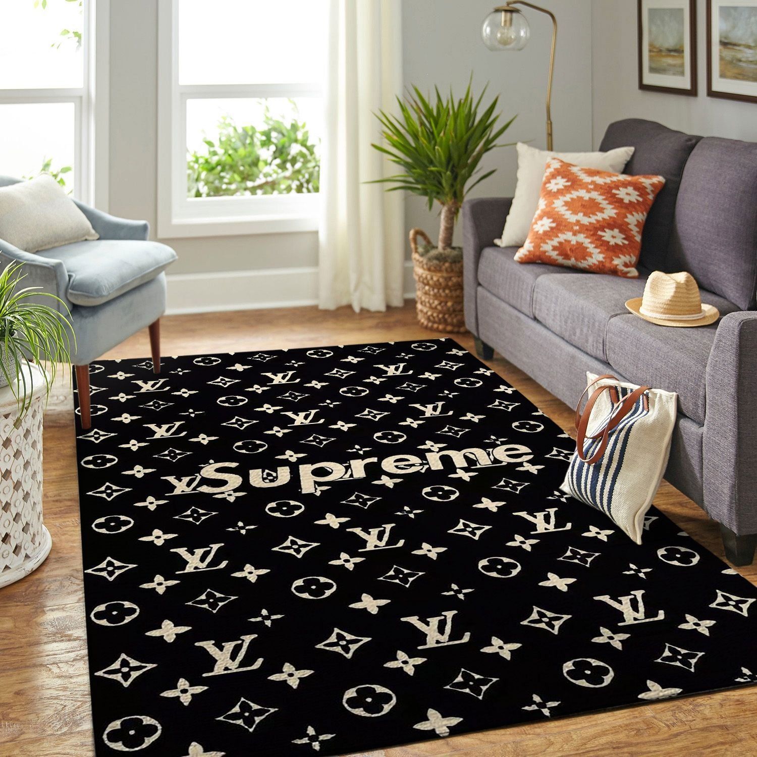 Louis vuitton supreme black logo type 651. Upgrade Your Living Room with Luxury Home Decor: Area Carpets, Floor Decor, Door Mats, and Hot Gift Items with style a High-End Fashion Brand Rectangle Rug