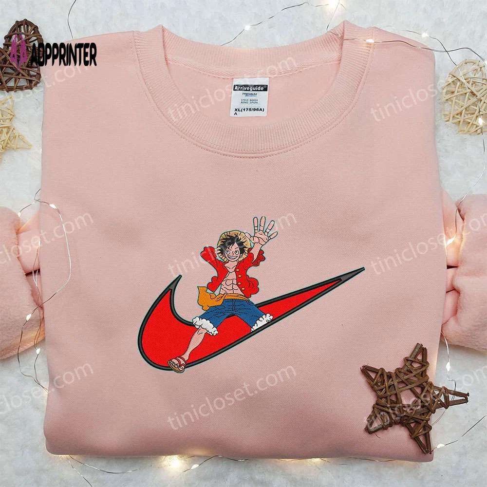 Luffy one piece x nike: swoosh shirt embroidered sweatshirt & hoodie – anime x nike collection Embroidered Shirt