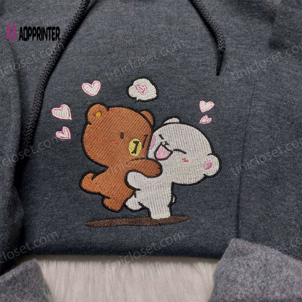 Milk & mocha couple embroidered shirt: adorable cartoon bear design perfect for couples – shop now! Embroidered Shirt