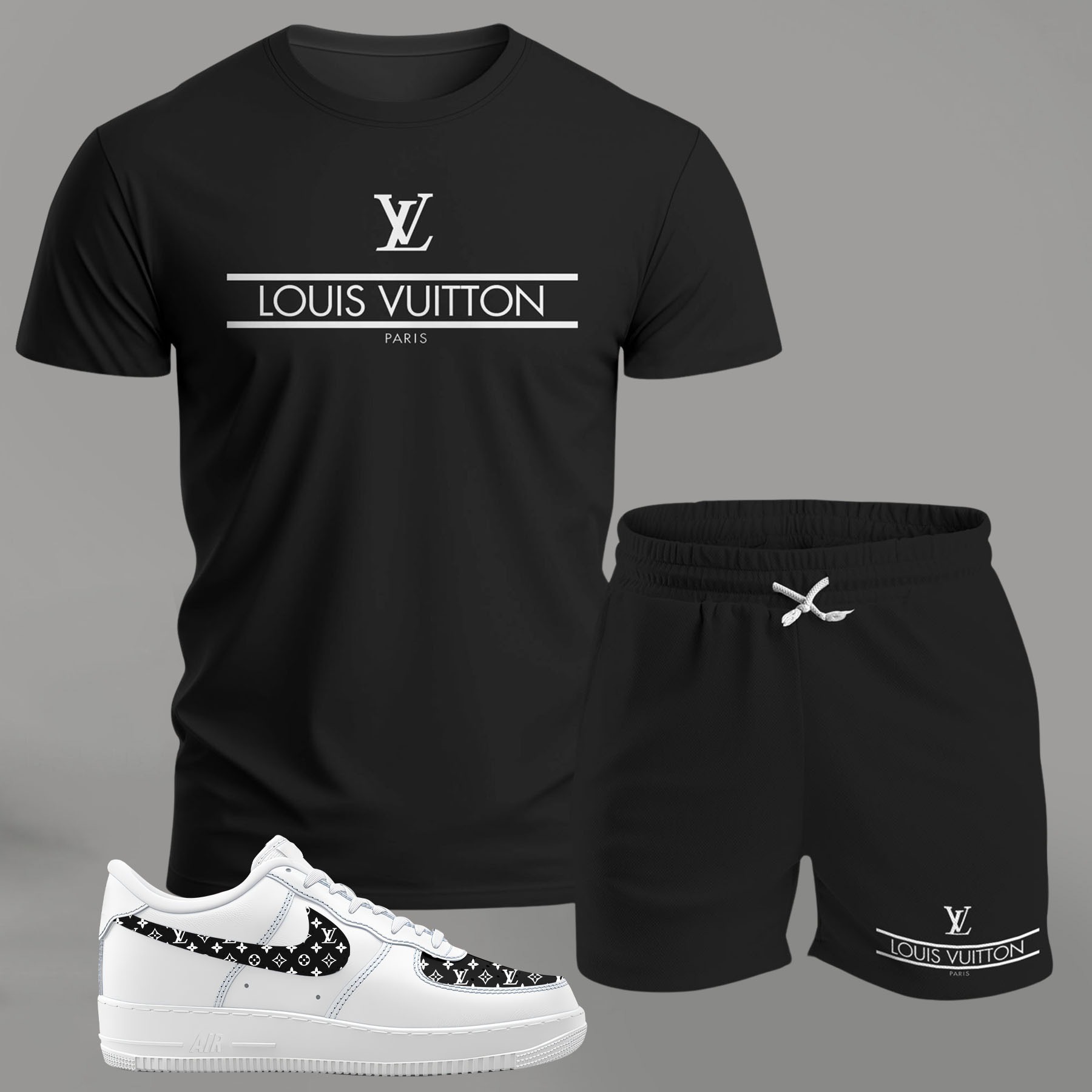 Minimal black logo set for men, clean typography t-shirt and shorts combo with monochrome sneakers T-Shirt Short Sneakers Set