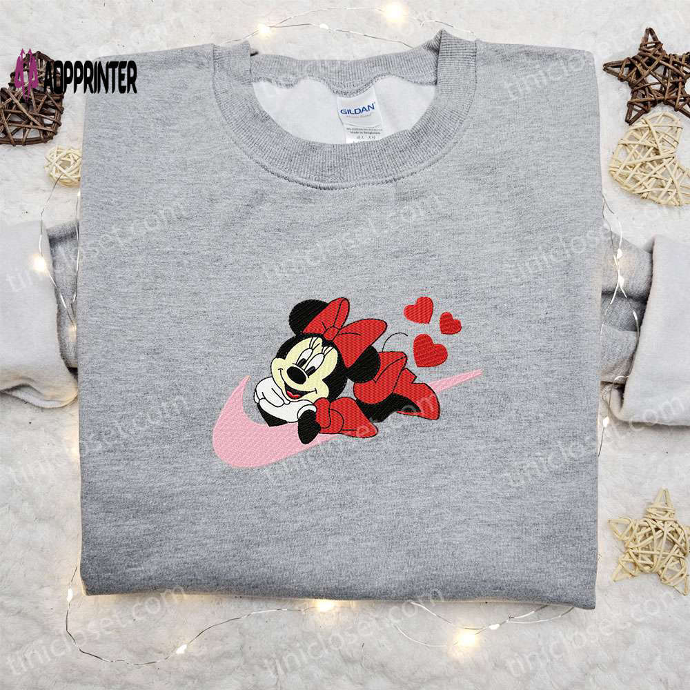 Minnie mouse x nike swoosh cartoon hoodie: best valentine’s day gift nike inspired shirt Embroidered Shirt