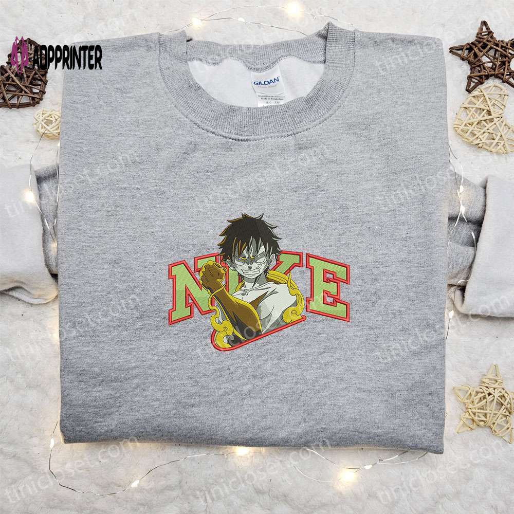 Monkey d luffy gear 2 x nike embroidered anime tshirt – one piece shirt with nike inspiration Embroidered Shirt