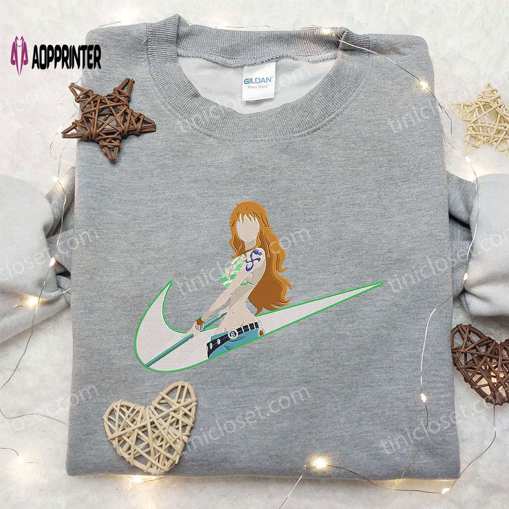 Nami x nike swoosh anime hoodie: one piece & nike inspired embroidered shirt Embroidered Shirt