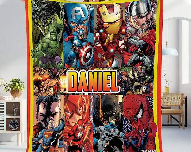 Personalized avengers superhero fleece blanket, hulk captain america iron man throw blanket for couch sofa, personalized blanket for kids Quilt Blanket