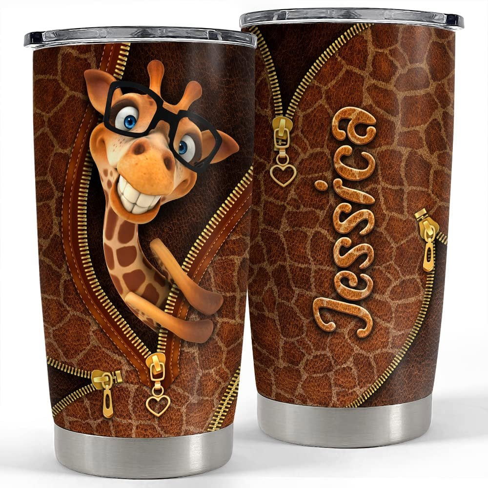Personalized giraffe tumbler funny leather drawing for animal lover Personalized Tumbler