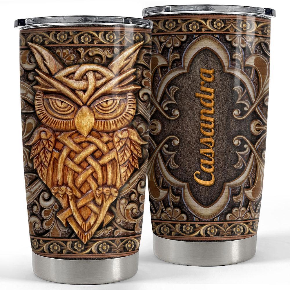 Personalized owl tumbler wood engraved drawing style Personalized Tumbler