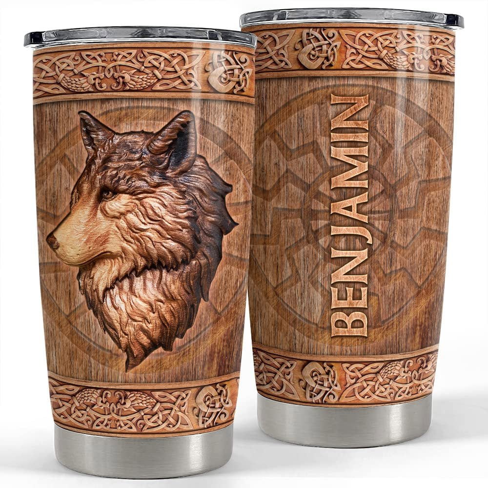 Personalized wolf tumbler viking wood sculpture style best gift Personalized Tumbler