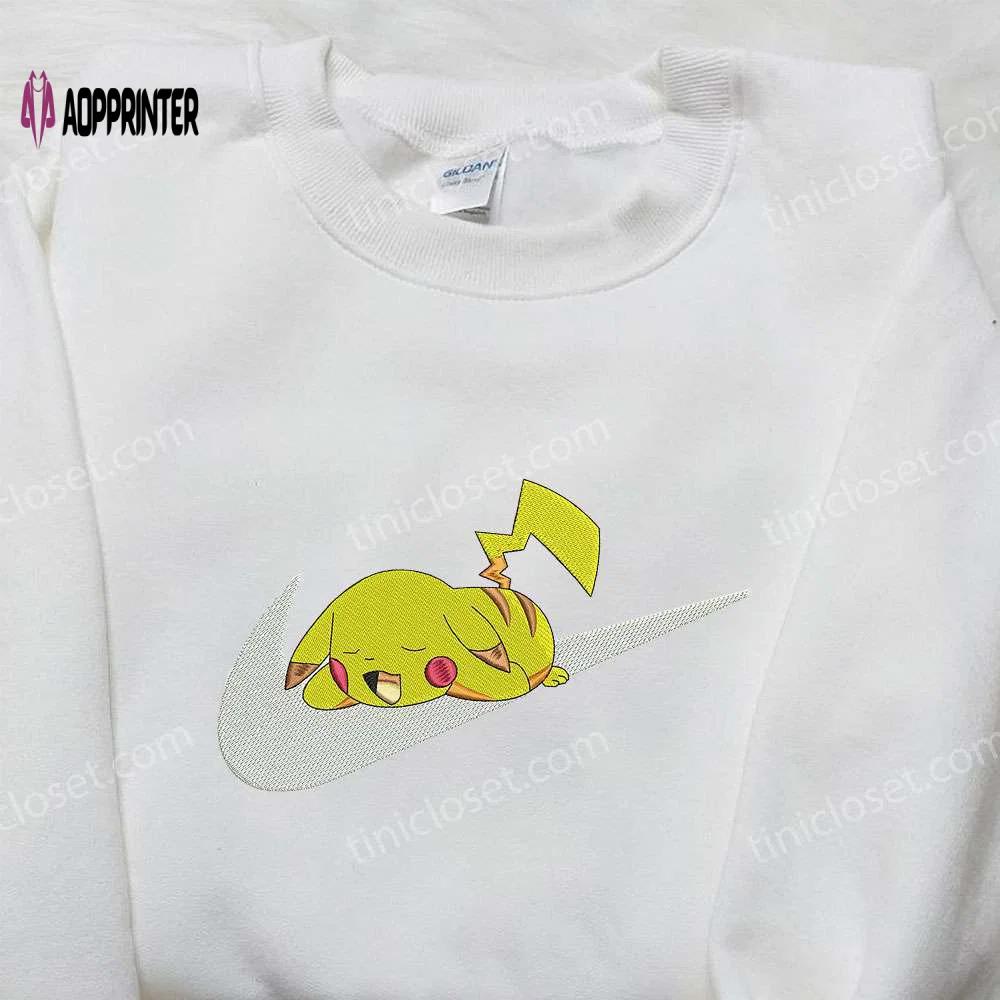 Pikachu sleep x nike swoosh sweatshirt: pokemon & nike inspired embroidered shirt Embroidered Shirt