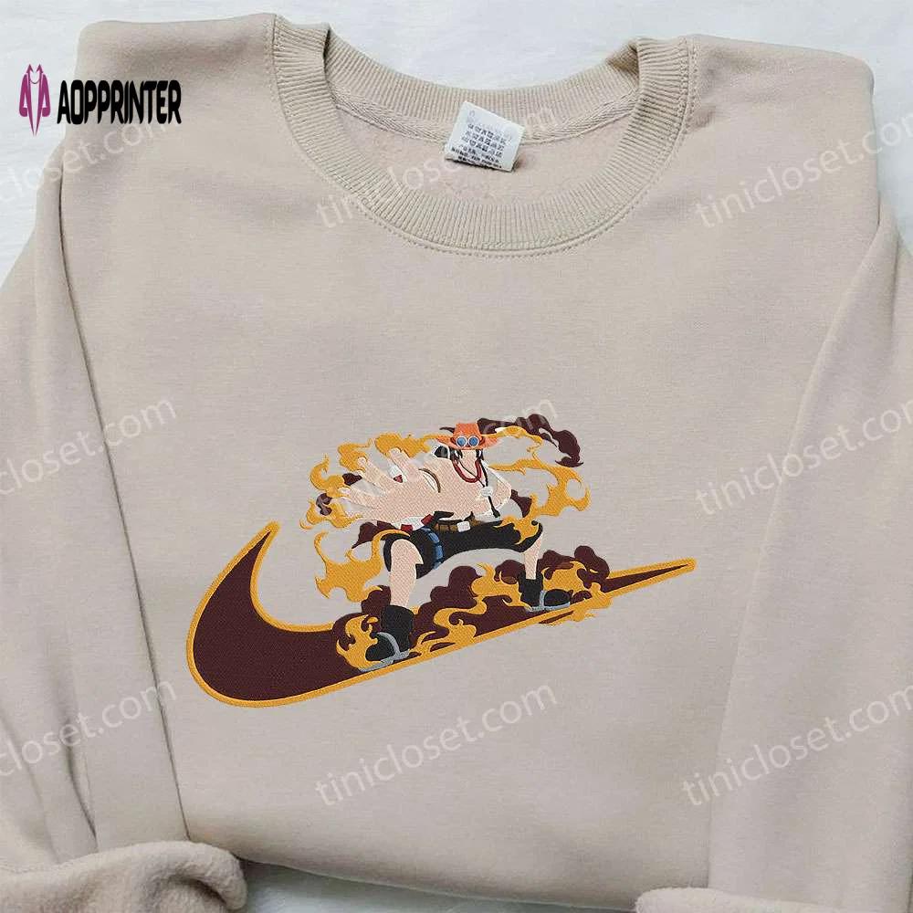 Portgas d ace x nike anime hoodie – one piece & nike inspired embroidered shirt Embroidered Shirt