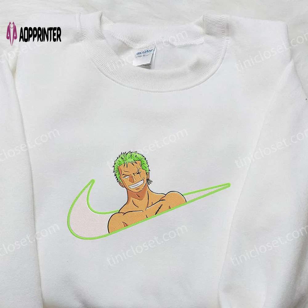 Roronoa zoro x nike swoosh anime hoodie: one piece & nike inspired embroidered shirt Embroidered Shirt
