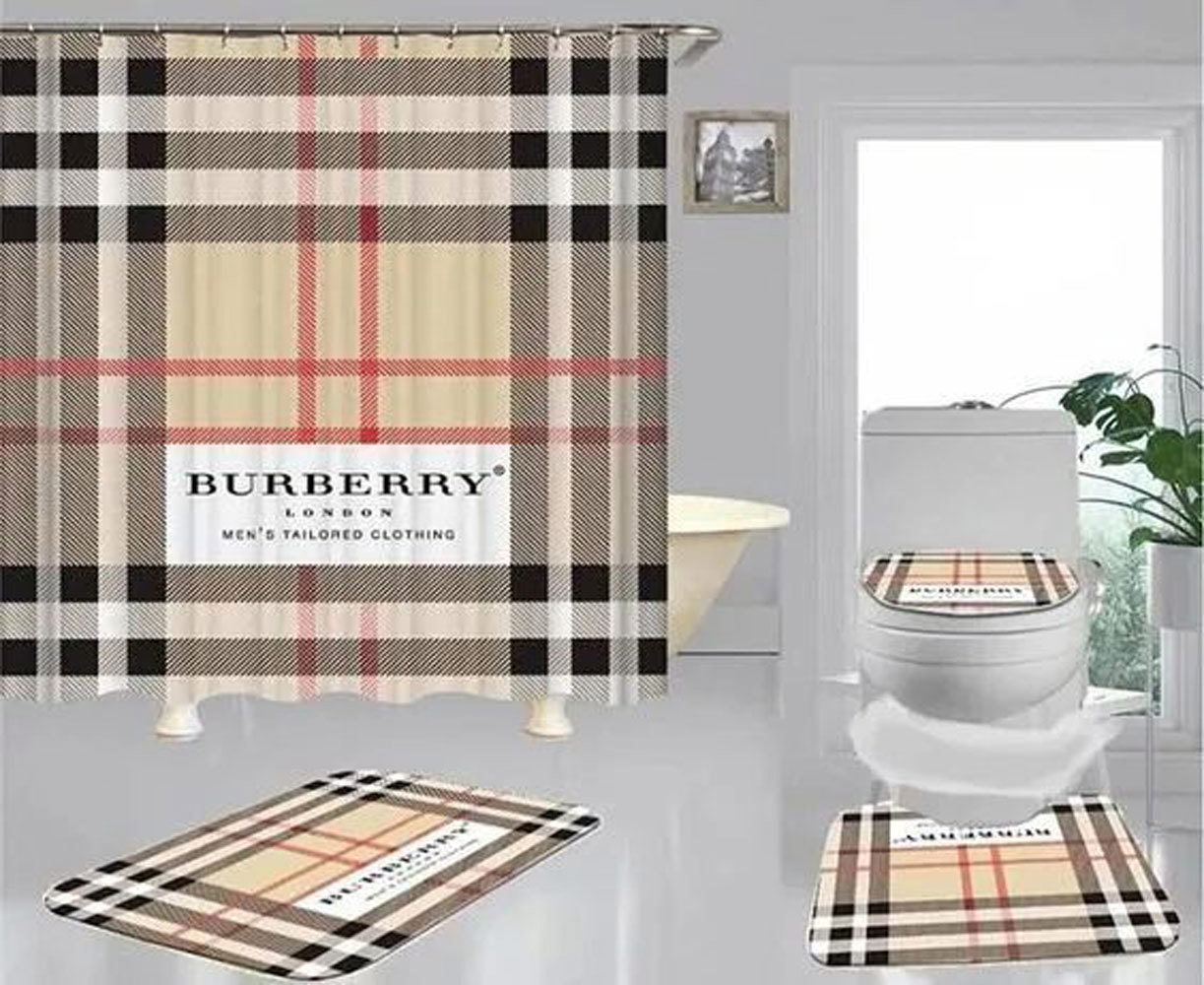 Rugs in living room and bedroom - Burberry london bathroom set hot 2023 luxury shower curtain bath rug mat home decor 304 Bathroom Accessory Sets