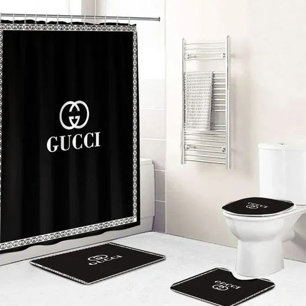 Rugs in living room and bedroom - Gucci black bathroom set hot 2023 luxury shower curtain bath rug mat home decor 215 Bathroom Accessory Sets