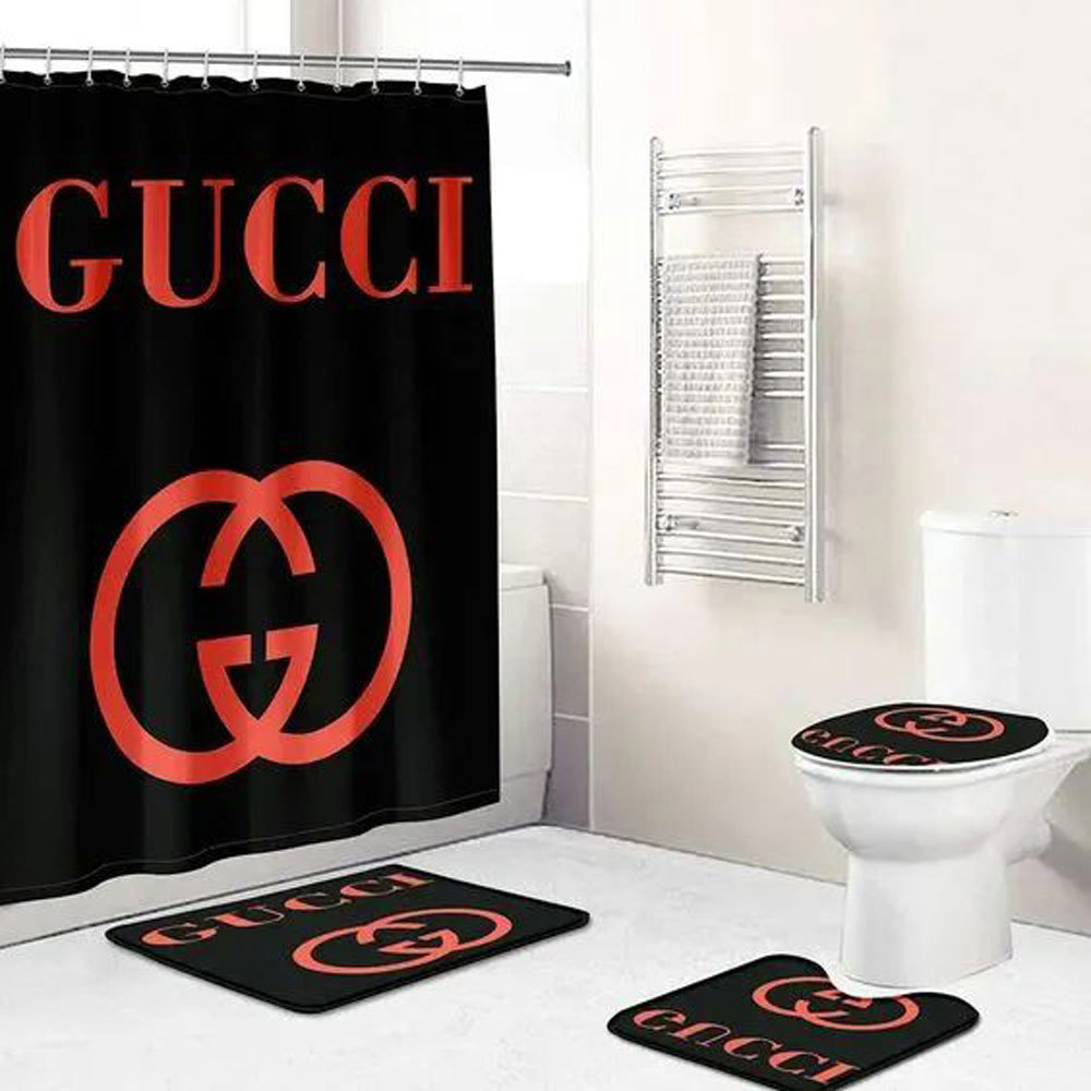 Rugs in living room and bedroom - Gucci black red bathroom set hot 2023 luxury shower curtain bath rug mat home decor 237 Bathroom Accessory Sets