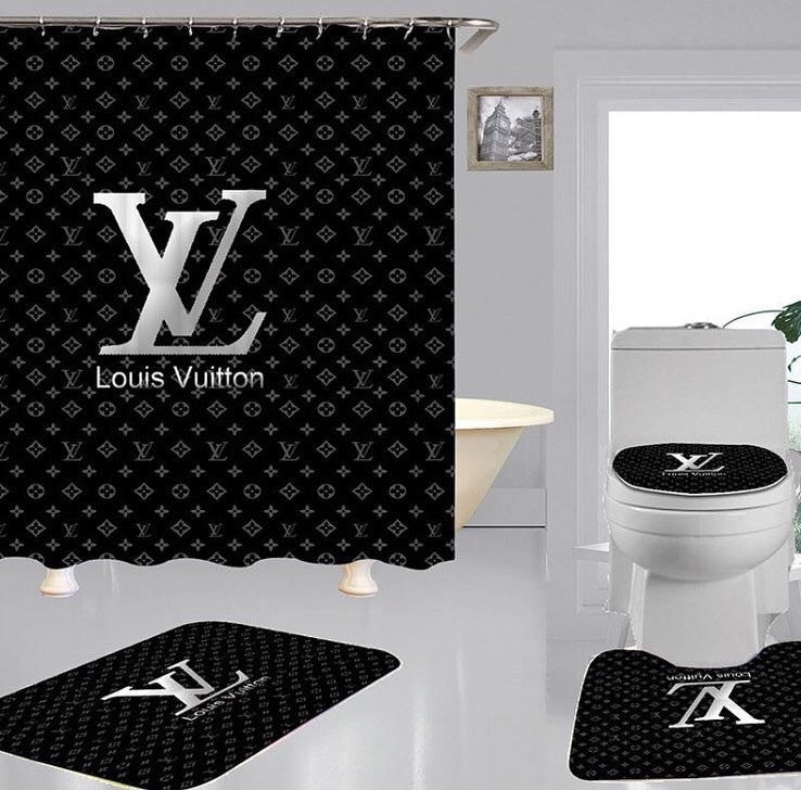 Rugs in living room and bedroom - Louis vuitton lv black bathroom set hot 2023 luxury shower curtain bath rug mat home decor 307 Bathroom Accessory Sets