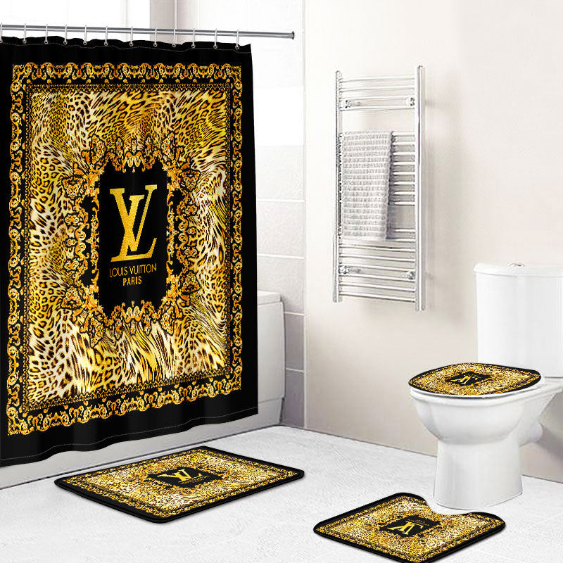 Rugs in living room and bedroom - Louis vuitton lv gold bathroom set hot 2023 luxury shower curtain bath rug mat home decor 123 Bathroom Accessory Sets