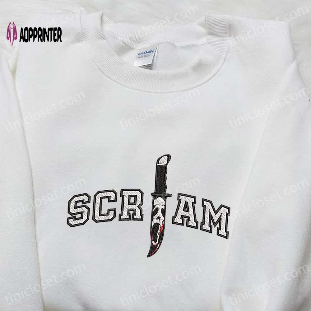 Scream ghost face in knife embroidered shirt horror characters best halloween gifts Embroidered Shirt