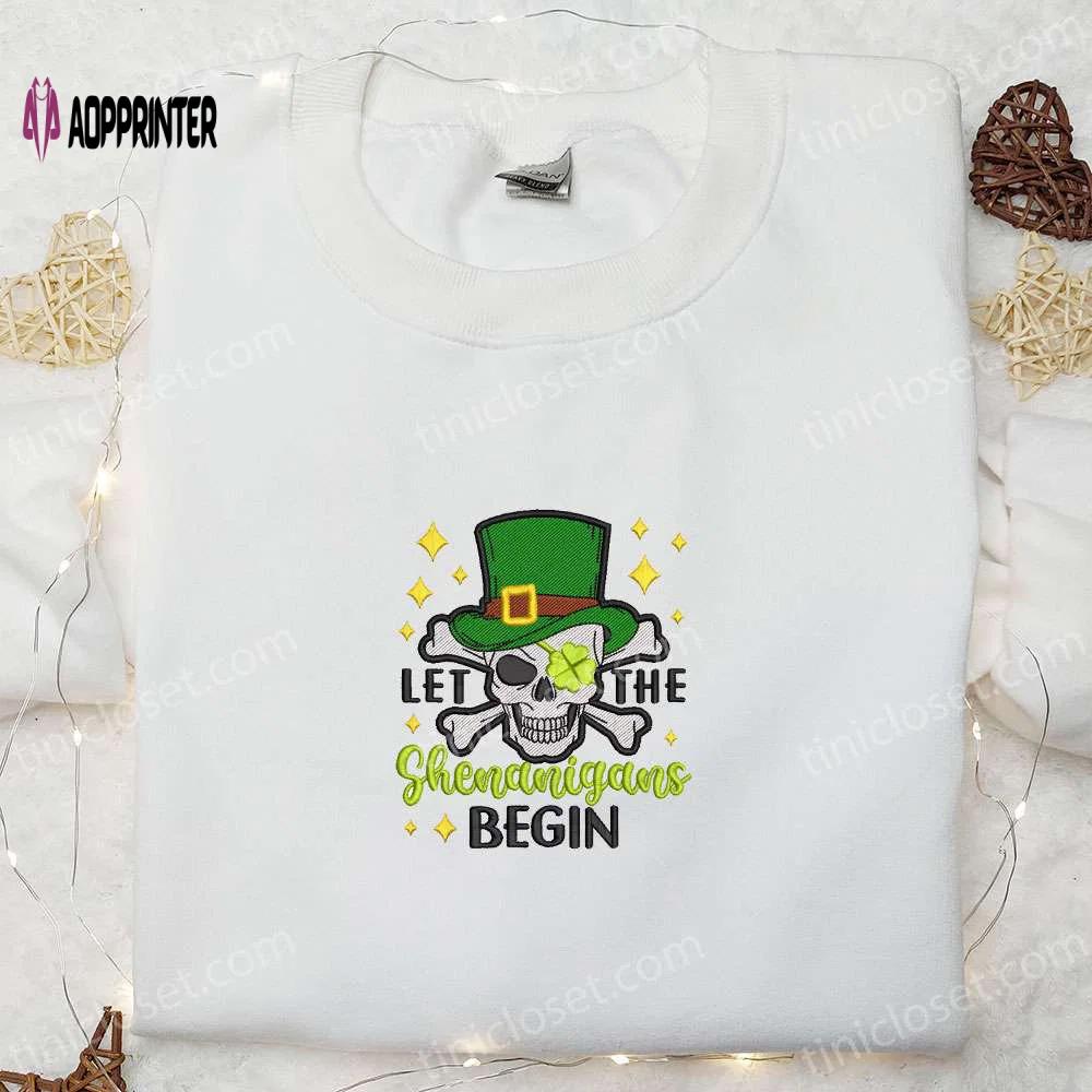 Shenanigans begin: shamrock skull embroidered shirt & hoodie – perfect st patrick s day gift Embroidered Shirt