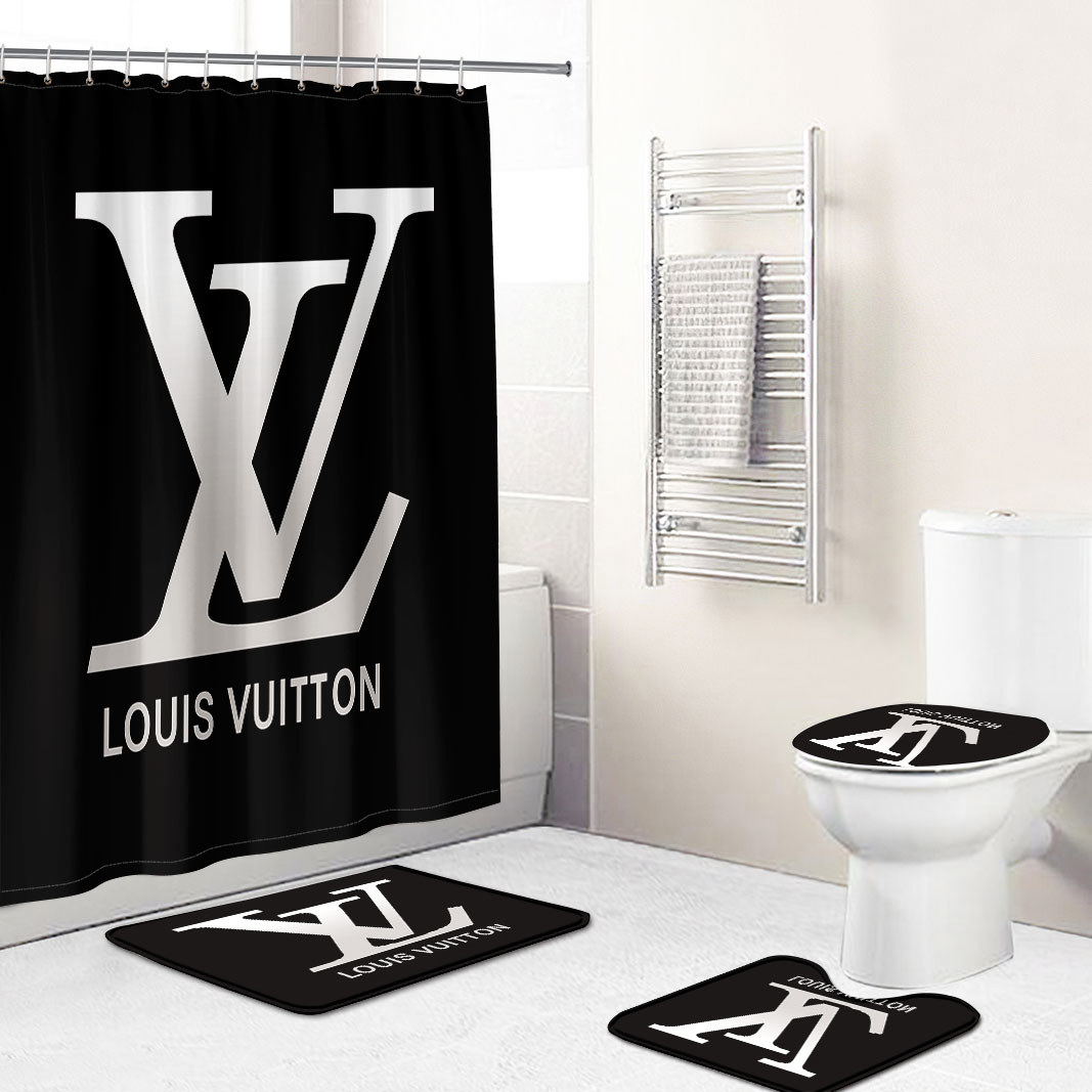 Shower curtains lv louis vuitton  black gray logo full bath mat sets shower curtain 404 Bathroom Set