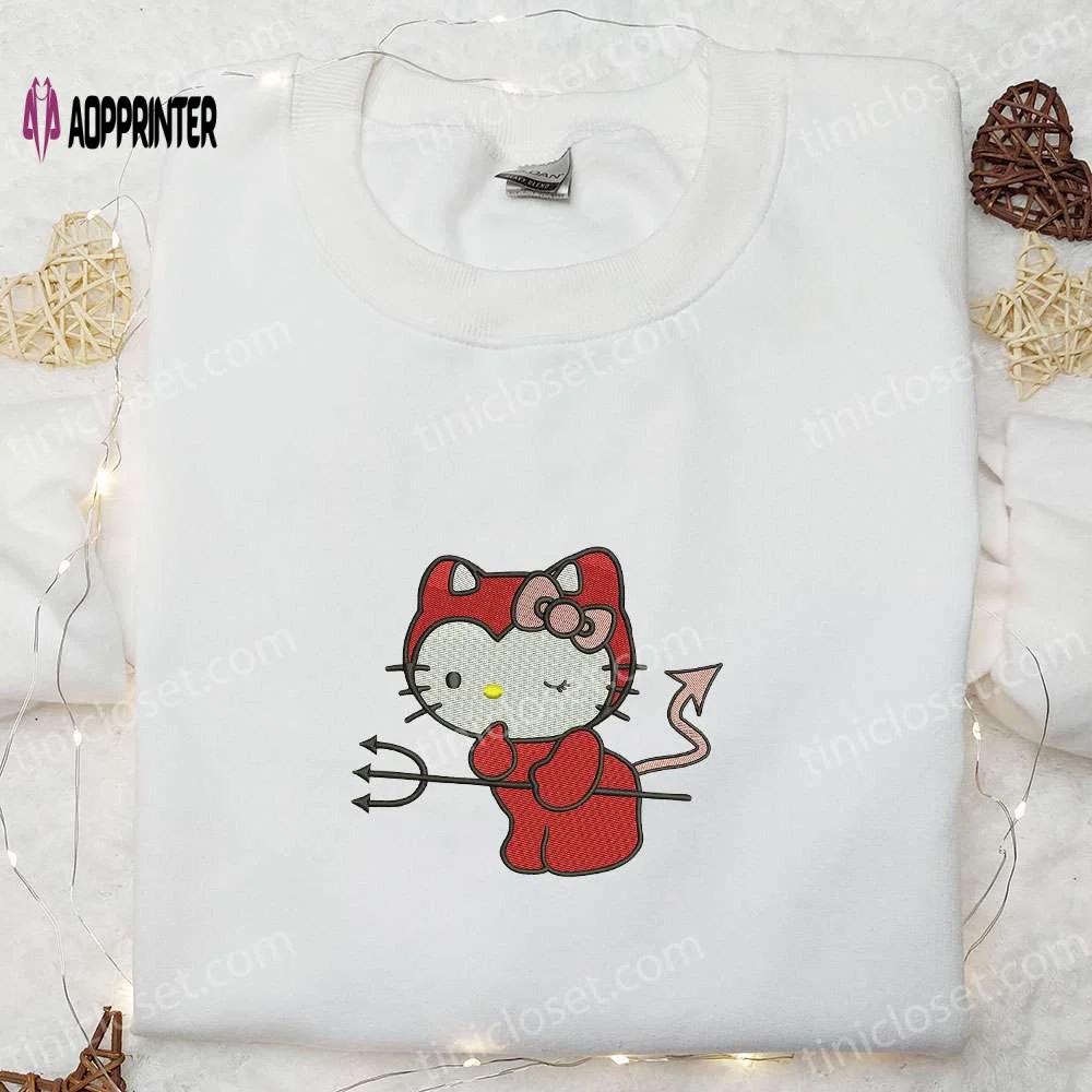 Spooktacular kitty devil embroidered sweatshirt hoodie & t-shirt – perfect for spirit halloween! Embroidered Shirt