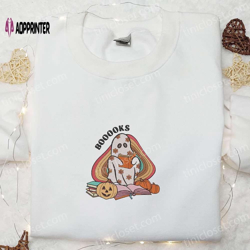 Spooky boo ghost reading booooks embroidered shirt – perfect halloween gift idea Embroidered Shirt
