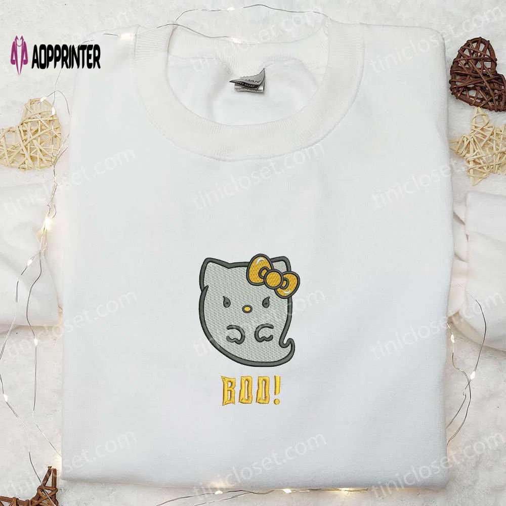 Spooky kitty boo ghost embroidered sweatshirt hoodie & t-shirt for a spirited halloween Embroidered Shirt