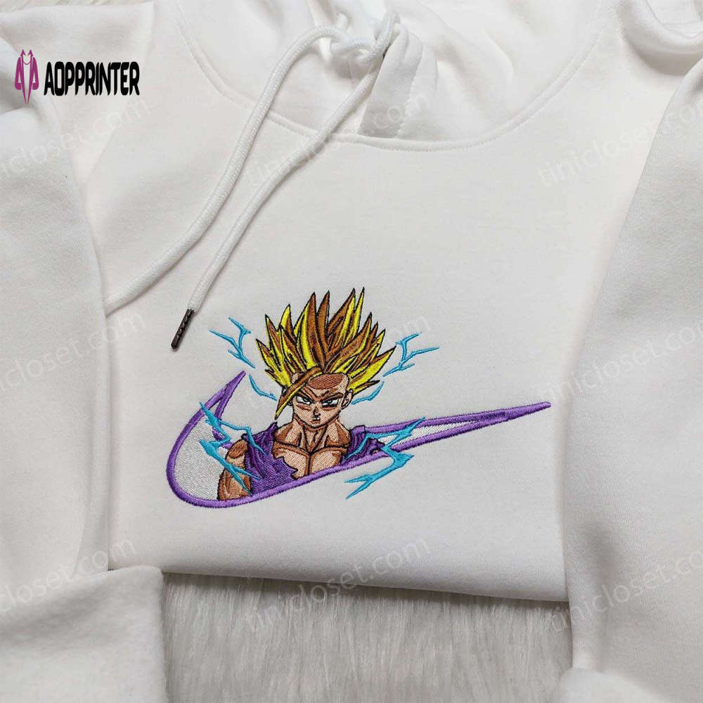 Super saiyan son gohan sweatshirt with custom nike swoosh embroidery – dragon ball hoodie Embroidered Shirt
