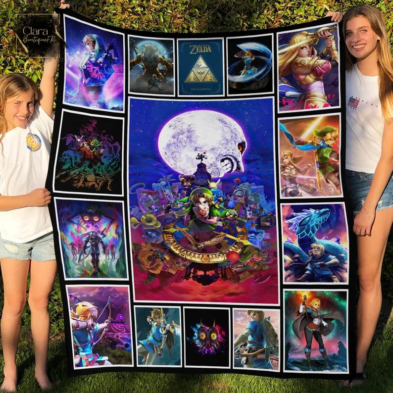 The legend of zelda tri force heroes fleece blanket, mink sherpa blanket, the legend of zelda quilt, adventure game quilt Quilt Blanket