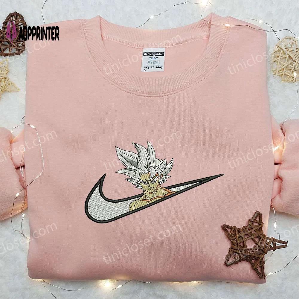 Ultra instinct goku x nike swoosh sweatshirt: dragon ball & nike inspired embroidered shirt Embroidered Shirt