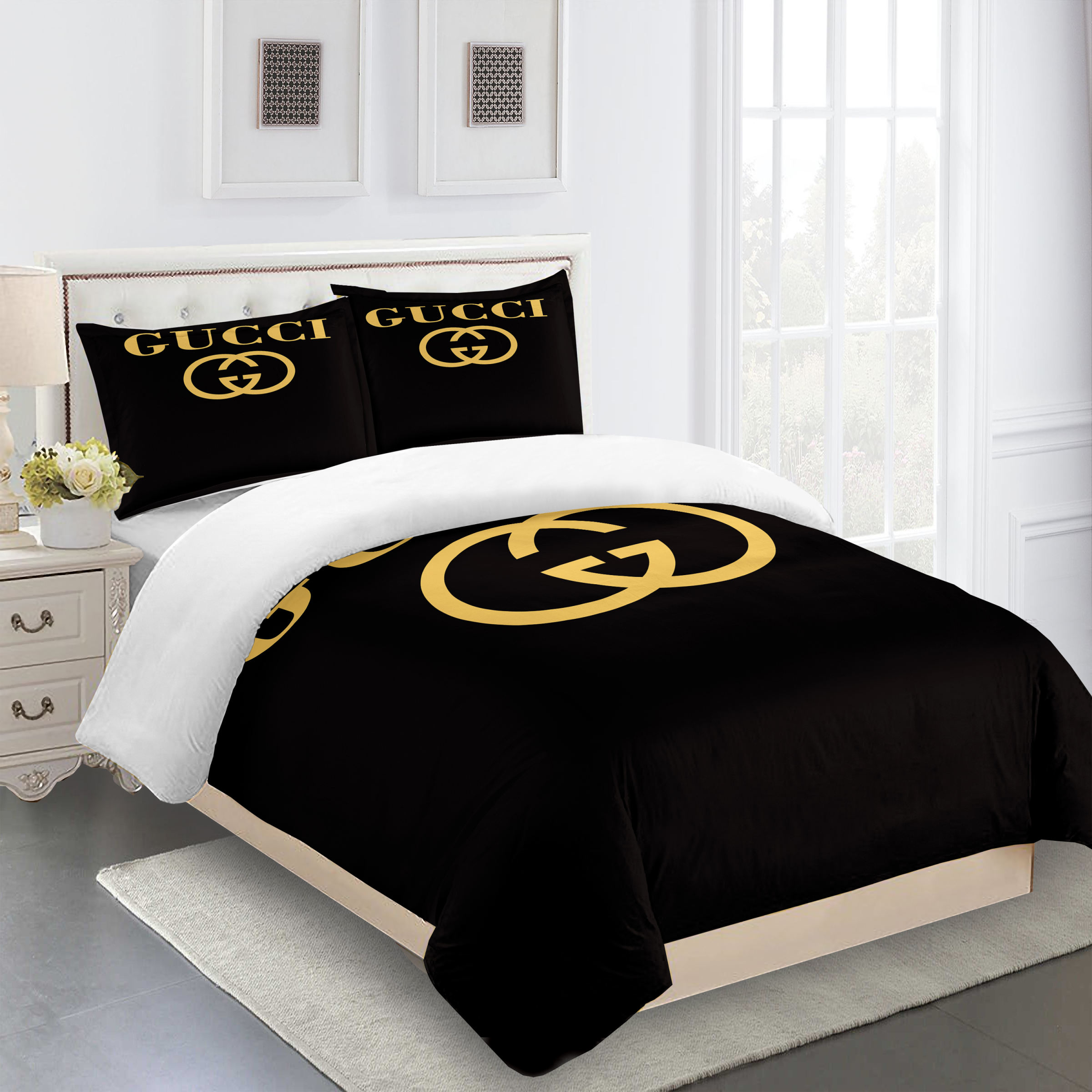 Gucci bedding set black and gold luxury bed sheets bdslux