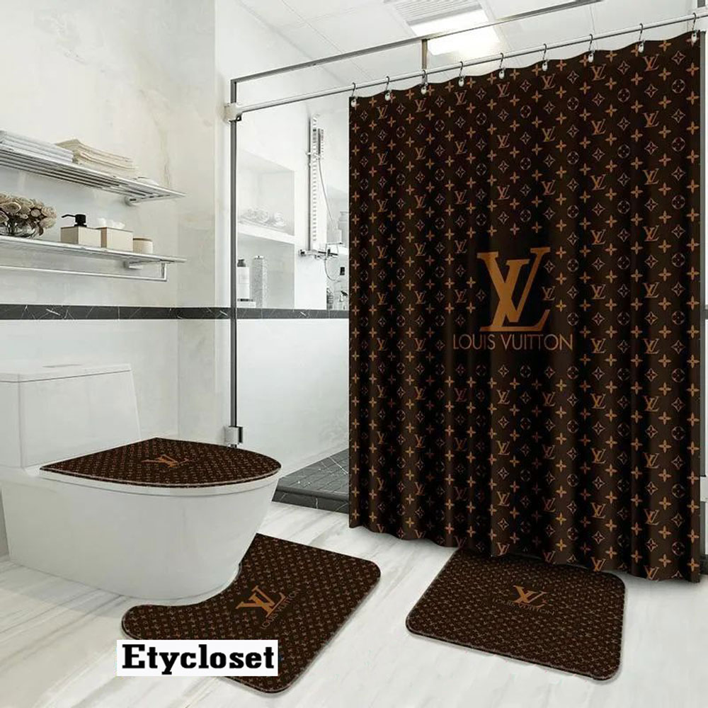Louis vuitton lv monogram bathroom set luxury shower curtain bath rug