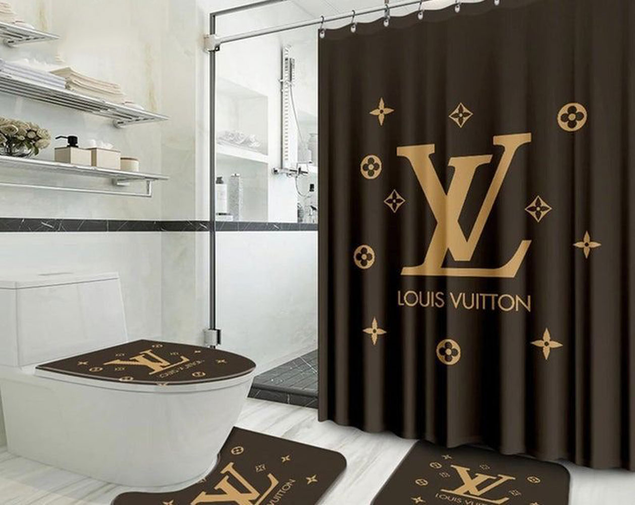 Louis vuitton lv monogram bathroom set luxury shower curtain bath rug