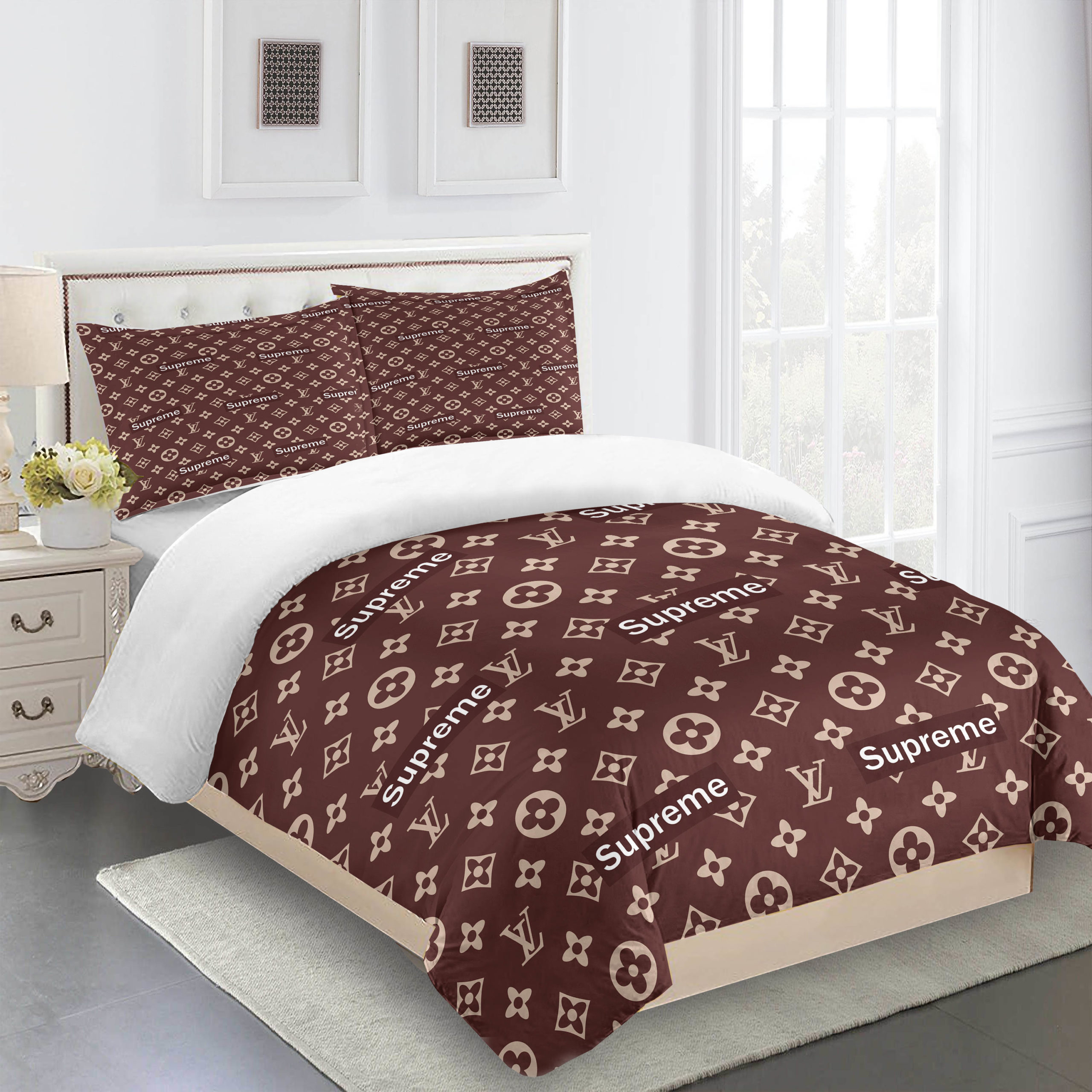 Comforter sets brown supreme logo full lv bedroom sets