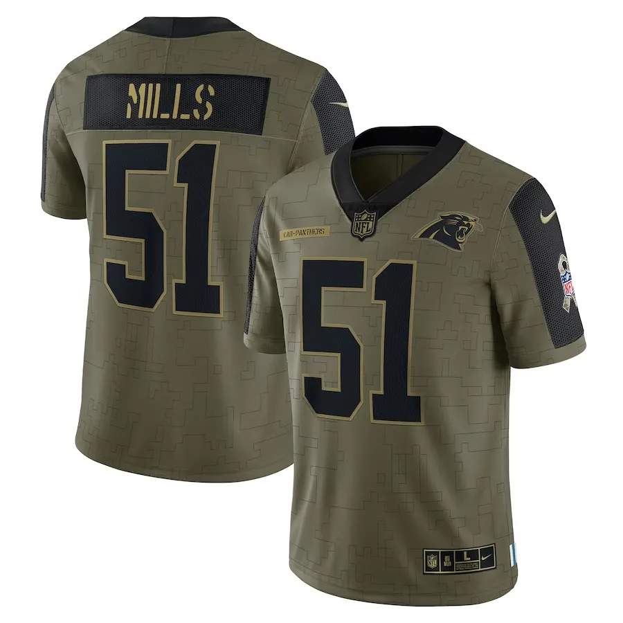 Men's carolina panthers sam mills nike olive 2021 salute to service retired player limited jersey