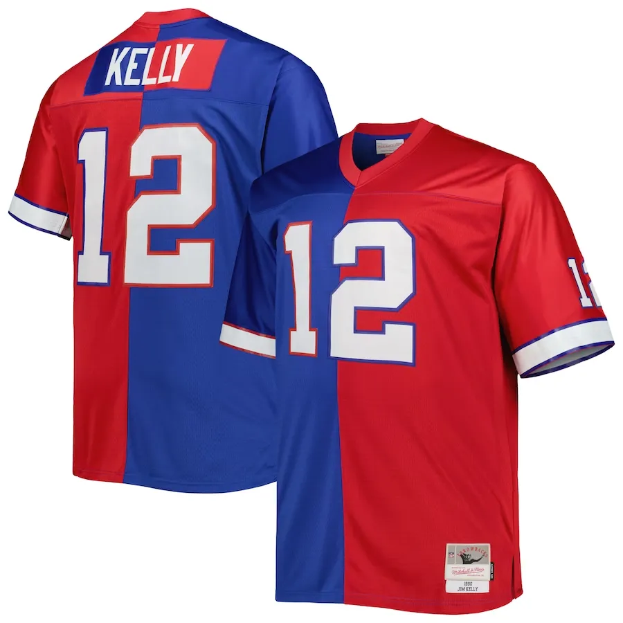Men's buffalo bills jim kelly mitchell & ness royal/red big & tall split legacy retired player replica jersey