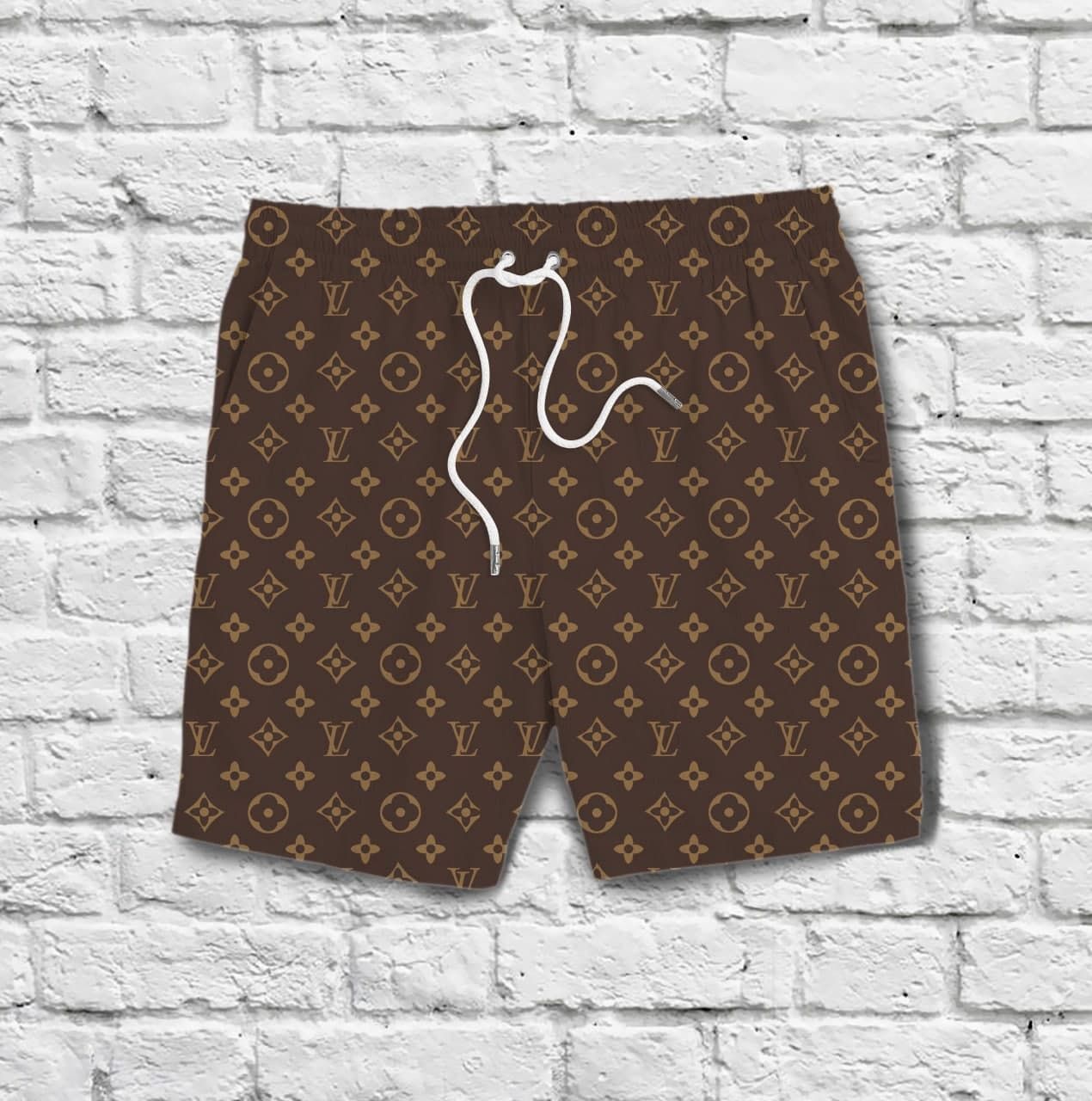 Louis vuitton brown new luxury brand all over print shorts pants for men #shorts#swimtrunks
