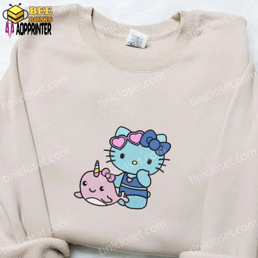 Adorable hello kitty and narwhal embroidered shirt: perfect for cute animal lovers!