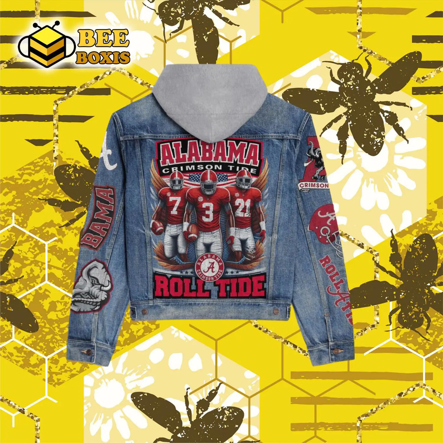 Alabama crimson tide roll tide logo design hooded denim jacket.png